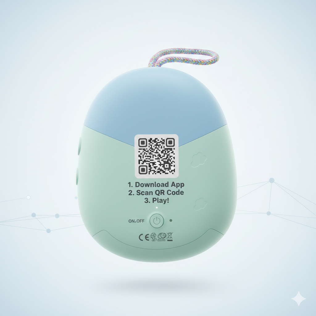 Curio device back showing QR code for easy app setup - Download App, Scan QR Code, Play