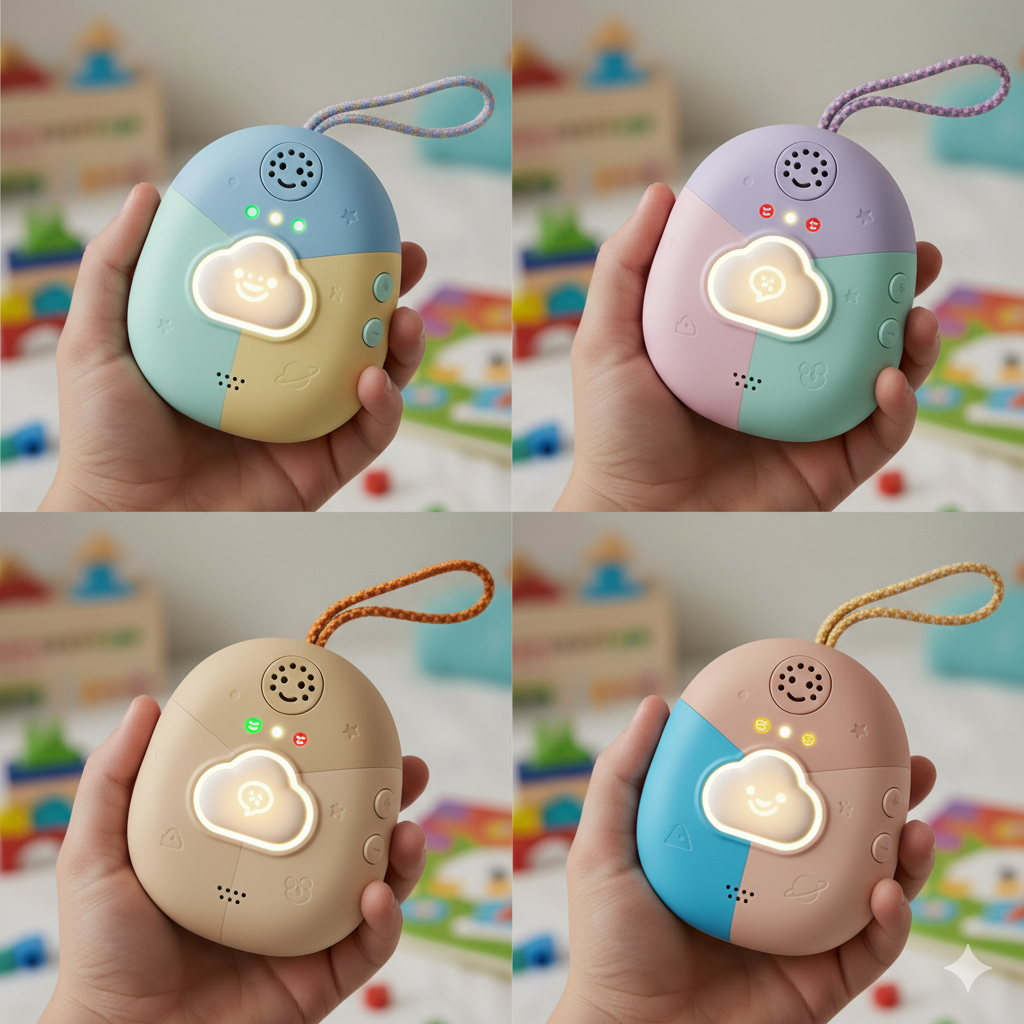 Curio device available in four beautiful colors: ocean blue, sunset pink, soft cream, and mint green