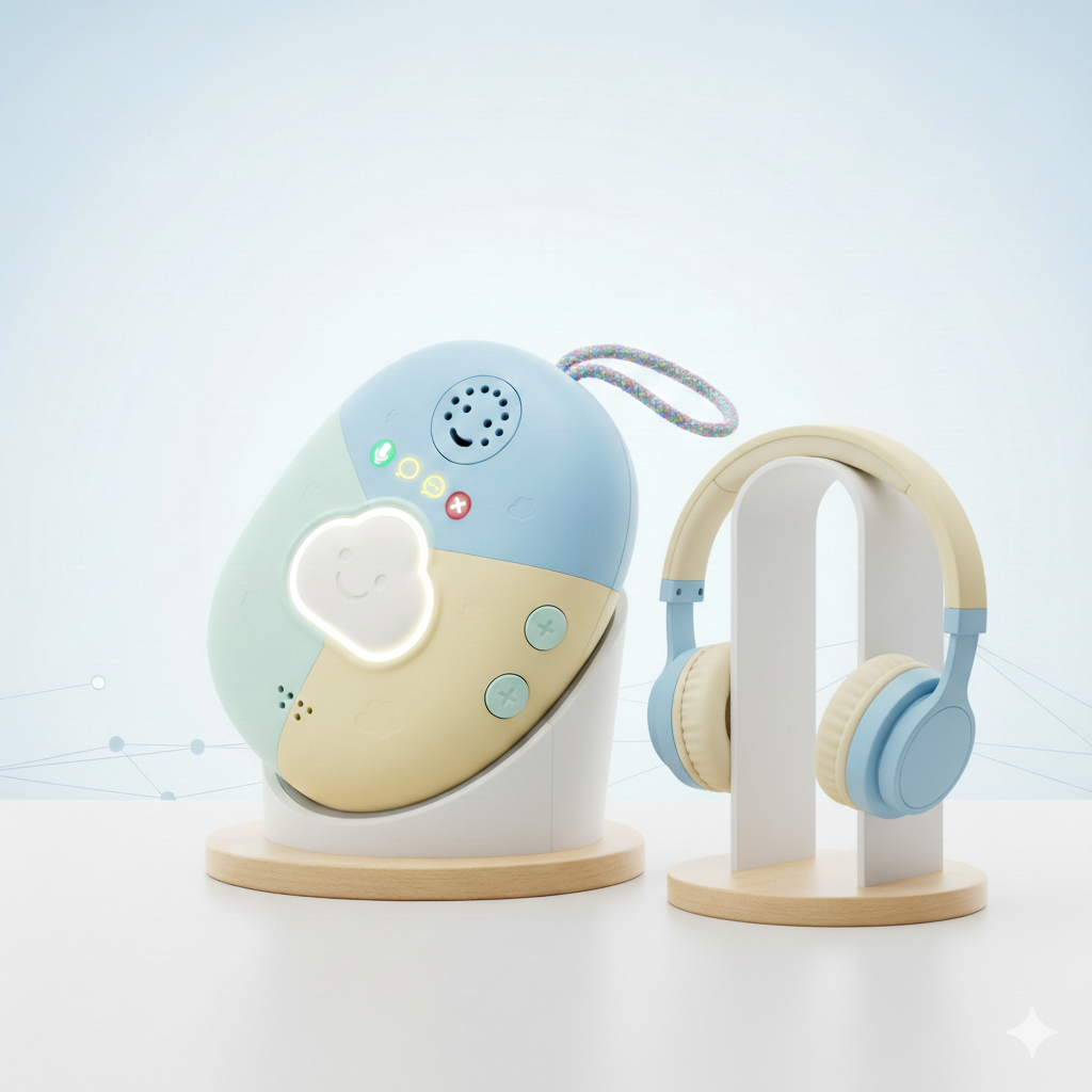 Curio device with companion headphones on display stand