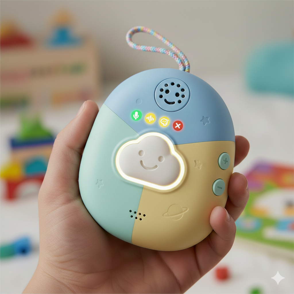 Curio screenless AI device in child's hand showing cloud-shaped button and colorful controls