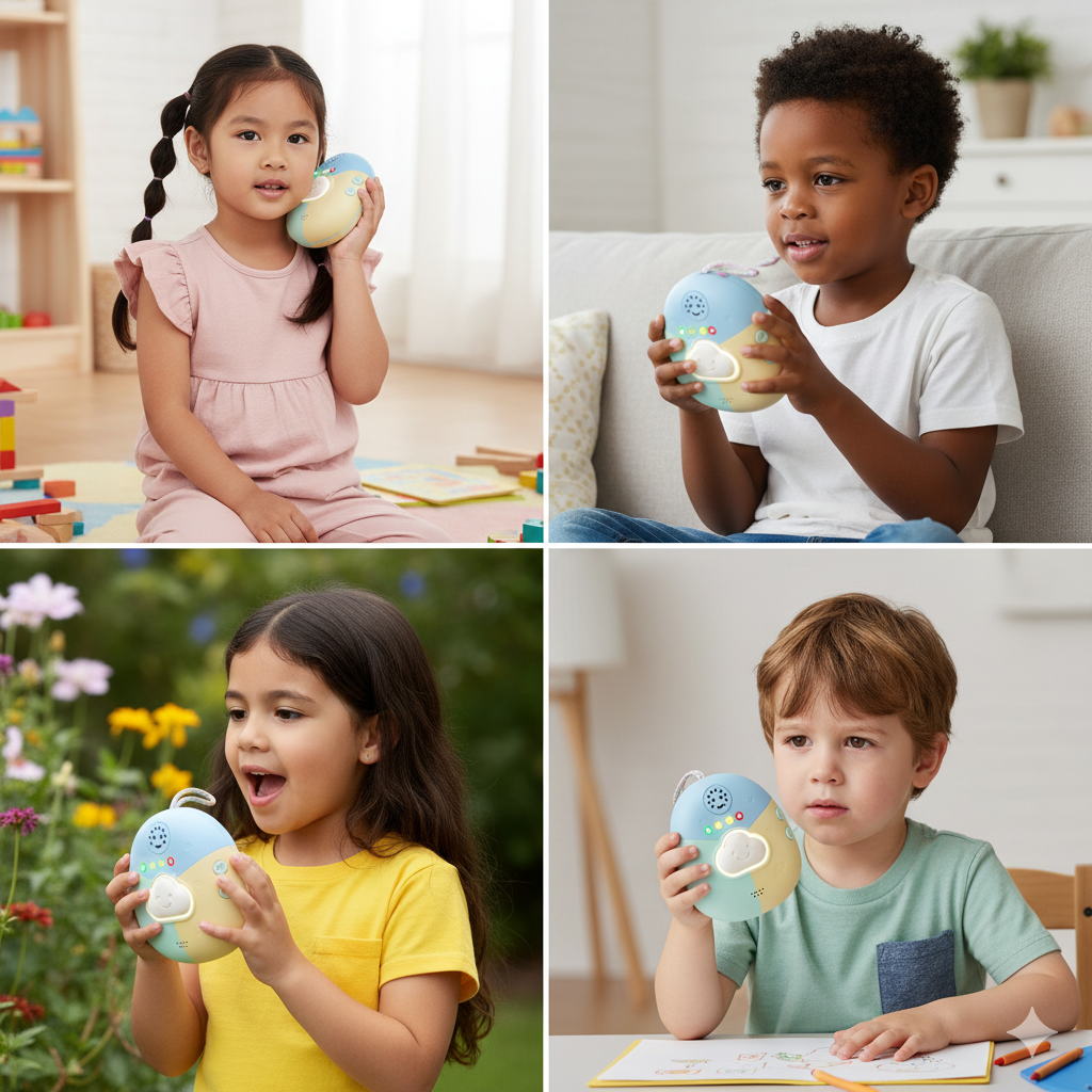 Diverse children from different backgrounds happily using Curio device in various settings